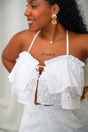 Top Romance à bretelles fines  blanc - Broderie Anglaise à Volants